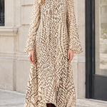 Elegant Tie-Neck Handkerchief Hem Maxi Dress with Long Sleeves