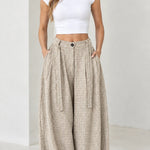 Women's High Waisted Pleated Balloon Pants Plaid Wide Leg Casual Trousers