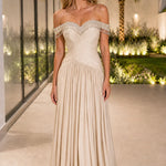 Off-The-Shoulder Beaded Fringe Ruched Chiffon Evening Gown