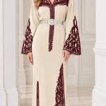 Embroidered Moroccan Caftan Maxi Dress with Ornate Belt and Flared Sleeves
