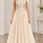 Off-the-Shoulder Beaded Bodice Tulle Formal Evening Gown