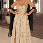 Sequined Botanical Embroidered Sleeveless Evening Gown with High Slit