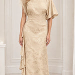 Embellished High-Neck Jacquard Maxi Dress with Flutter Sleeves and Cascade Ruffle