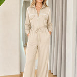Women's Contrast Piping Zip-Front Wide-Leg Jumpsuit with Drawstring Waist