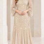 Sequined Botanical Sheer Sleeve Chiffon Maxi Evening Gown