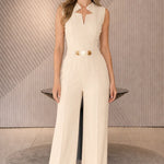 Chic Notched Neckline Wide-Leg Jumpsuit with Gold Hardware Belt