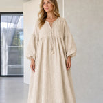 Women's Boho Lace-Up Tassel Maxi Dress Long Balloon Sleeve Textured Caftan