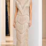 Vintage Art Deco Beaded Fringe Evening Gown | High Neck Maxi Formal Dress