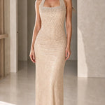 Halter Neck Beaded Shimmer Maxi Evening Gown with Ruched Waist