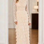 Elegant Lace Mock Neck Tiered Ruffle Maxi Dress