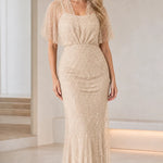 Beaded Flutter Sleeve Evening Gown Elegant Sparkle Maxi Dress