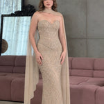 Strapless Sweetheart Sequin Mermaid Evening Gown with Chiffon Cape Scarf