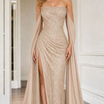 Strapless Sequin Floor-Length Evening Gown with Draped Cape Sleeves and Slit
