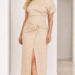 Women's Asymmetrical Neckline Polka Dot Midi Dress with Ruched Buckle Detail