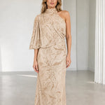 One-Shoulder High Neck Embellished Maxi Dress with Draped Flutter Sleeve