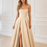 Satin Strapless Sequin Accented Evening Gown