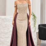 Off-Shoulder Beaded Evening Gown with Overskirt