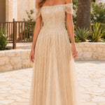 Off-Shoulder Sequin Fringe A-Line Evening Gown