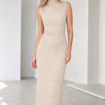 Sleeveless Mock Neck Ruched Glitter Maxi Dress