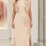 Elegant Lace Ruffle Accent Maxi Dress with Tassel Belt