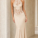 Elegance Halter Neck Lace Panel Maxi Evening Dress