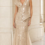 Mirrored Sequin Embellished Peplum Mermaid Evening Gown