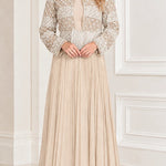 Sequined Jacket Overlay Pleated Maxi Evening Dress with Embellished Waist Detail