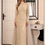 High Neck Beaded Long Sleeve Evening Gown with Tulle Overskirt