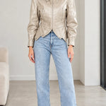 Women's High Neck Buckle Faux Leather Jacket with Pointed Hem