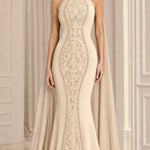 High Neck Embroidered Mermaid Evening Gown with Attached Cape