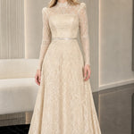 Elegant Mock Neck Long Sleeve Lace A-Line Formal Evening Gown