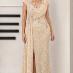 Draped V-Neck Sequin Lace Evening Gown with Front Slit and Corset Back