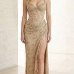 Beaded Corset Evening Gown with High Slit and Draped Waist