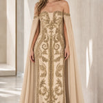 Off-the-Shoulder Embroidered Cape Evening Gown
