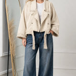 Women's Cropped Frayed Hem Denim Moto Jacket with Lapel Collar