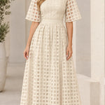 Mock Neck Sheer Grid Overlay Maxi Dress with Flutter Half Sleeves