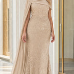 Sequin Mermaid Evening Gown with Draped Chiffon Cape