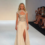 Embellished Keyhole High-Neck Chiffon Evening Gown with Slit