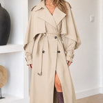 Women's Belted Midi Trench Coat with Draped Cape Detail