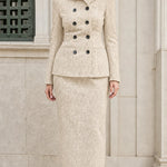 Double-Breasted Tweed Blazer and Column Maxi Skirt Two-Piece Suit Set