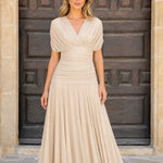 Elegant V-Neck Ruched Midi Dress with Pleated Skirt