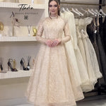 Long Sleeve Beaded Mock Neck Lace A-Line Tea-Length Evening Dress