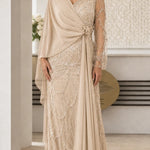 Elegant Beaded Chiffon Evening Gown with Draped Cape Sleeve