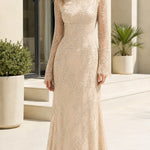 High Neck Sequin Lace Evening Gown with Long Sleeves