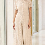 Elegant Floral Lace Overlay Wide-Leg Pantsuit with High Neck & Short Sleeves