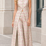 Sleeveless Mandarin Collar Jacquard Maxi Jumpsuit with Slit Overlay