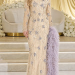 Embellished Long Sleeve Evening Gown with Feather Accents