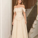Off-the-Shoulder Beaded Ruched Chiffon Evening Gown