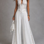 Vintage stand-collar wide-leg jumpsuit with lace paneling