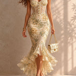 Romantic Floral Midi Mermaid Dress with Lace Trim